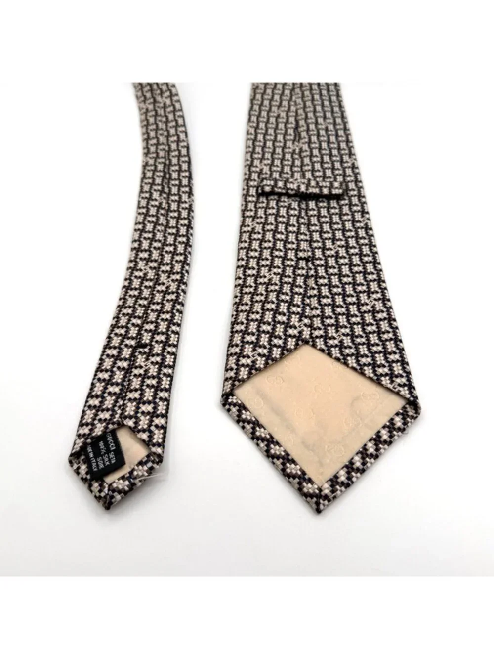 Gucci Italy Neutral Shades Geometric Pattern 100% Silk Designer Tie 59